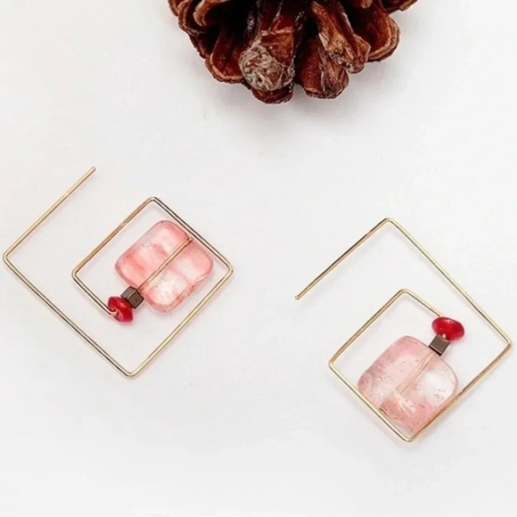 Square Threader Earrings Gold Pink - Picture 5 of 11